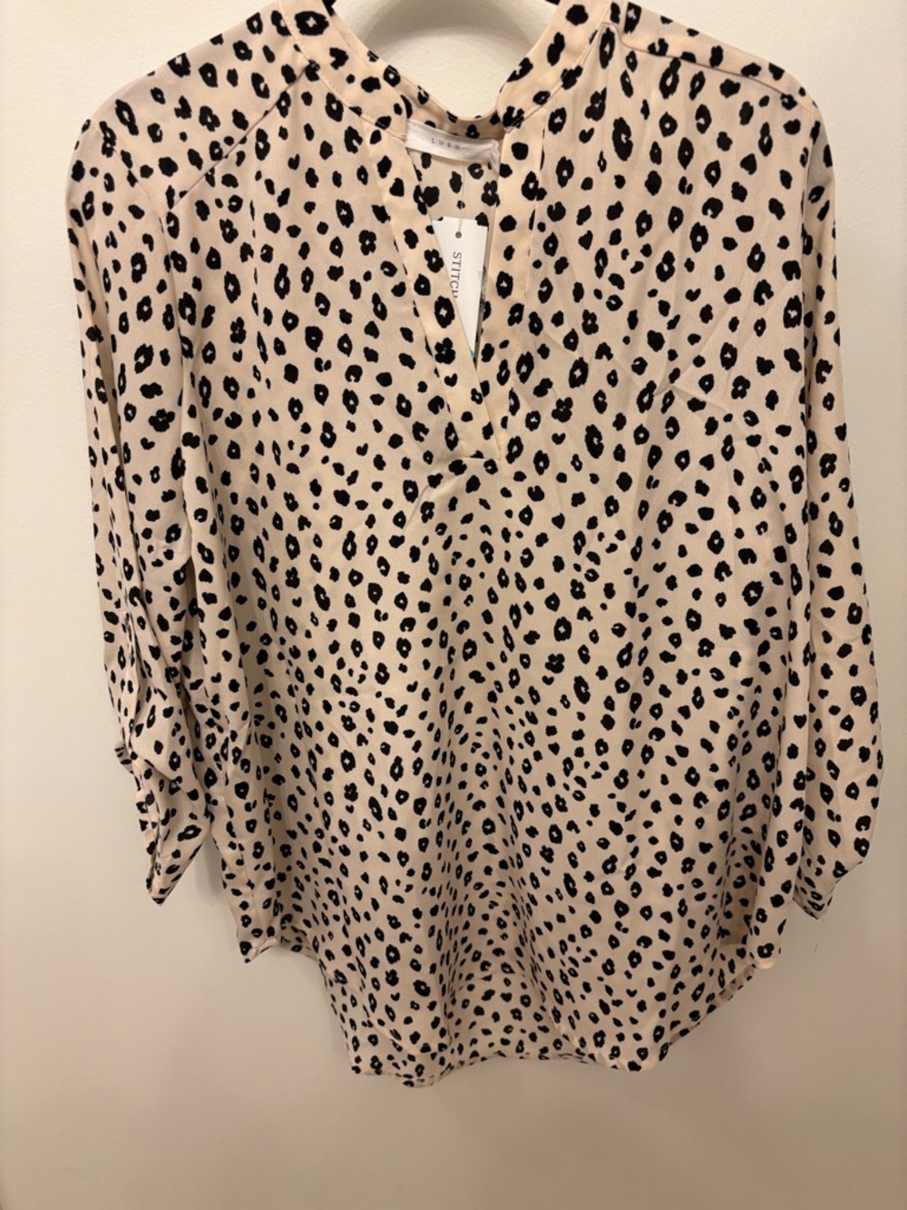 Lush Warren Split-Neck off white Blouse with Black Spot Print